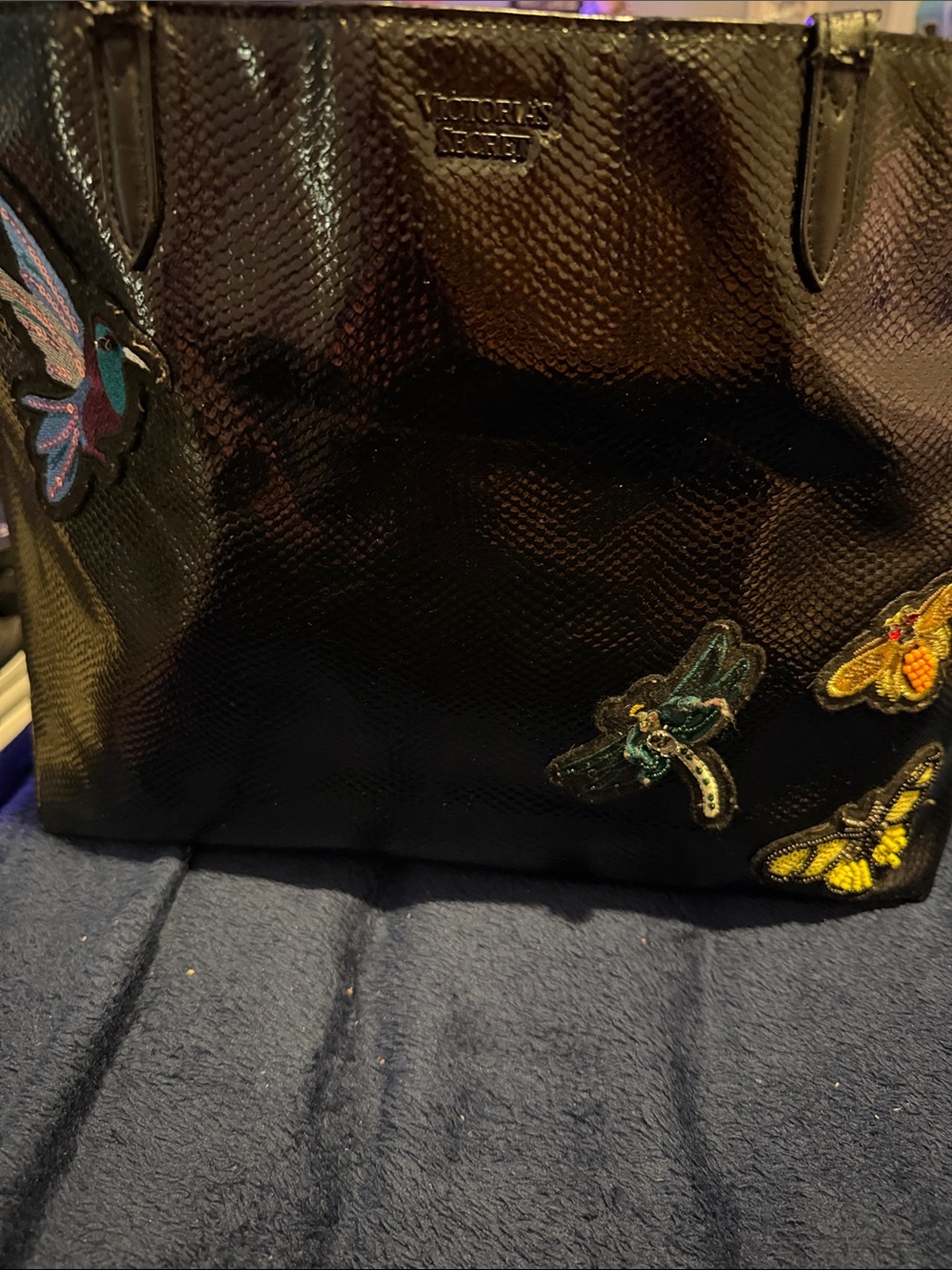 Victoria's Secret Black Tote with Colorful Bug Appliqués